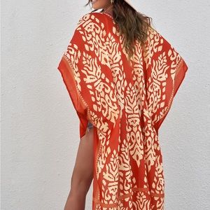 NWT Tangerine Color | Printed Open Front Duster Kimono with Tassel Trim